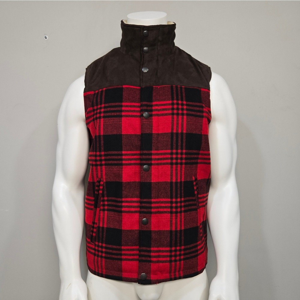 Lucky Brand Vest Mens Medium Red Black Buffalo Plaid Sherpa Mock Neck Faux Suede